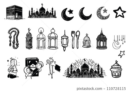 Set of hand drawn Ramadan holy month related. Doodle Vector illustration. 110728115