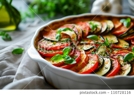 Zucchini and tomatoes gratin with bechamel sauce and cheese. Generative AI 110728116