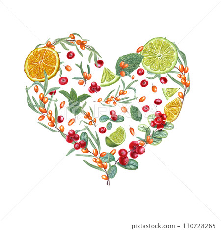 Fresh juicy fruit, berries laid out in the shape of heart. Orange, lime slices, cowberries, sea buckthorn and mint. Top view. Watercolor illustration for invitation, cards, greetings, package design Fresh juicy fruit, berries laid out in the shape of heart. Orange, lime slices, cowberries, sea buckthorn and mint. Top view. Watercolor illustration for invitation, cards, greetings, package design 110728265