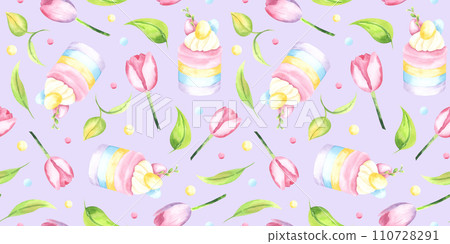 Seamless watercolor pattern. Hand drawn Easter rainbow cupcake, colored painted eggs, pink tulips on a lilac background. Holiday, Easter, spring. Seamless watercolor pattern. Hand drawn Easter rainbow cupcake, colored painted eggs, pink tulips on a lilac background. Holiday, Easter, spring. 110728291