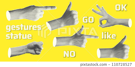 Set statue hands halftone style for collage design. Fingers show gestures as ok, peace, thumb up, point to object, rock, isolated on Yellow background. Contemporary modern art. Vector illustration. 110728527