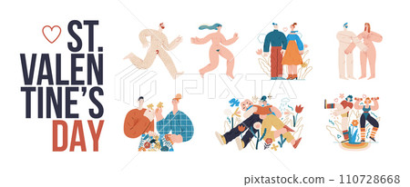 Valentines day illustrations set - modern flat vector concept illustrations of couples celebrating their love, acting together, floral environment. Metaphor of unity, affection, love, connection Valentines day illustrations set - modern flat vector concept illustrations of couples celebrating their love, acting together, floral environment. Metaphor of unity, affection, love, connection 110728668