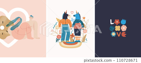 Valentines day cards set - modern flat vector concept illustrations of couples celebrating their love, greeting card design, floral environment. Metaphor of unity, affection, love, connection, growth 110728671