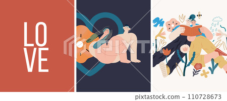 Valentines day cards set - modern flat vector concept illustrations of couples celebrating their love, greeting card design, floral environment. Metaphor of unity, affection, love, connection, growth Valentines day cards set - modern flat vector concept illustrations of couples celebrating their love, greeting card design, floral environment. Metaphor of unity, affection, love, connection, growth 110728673
