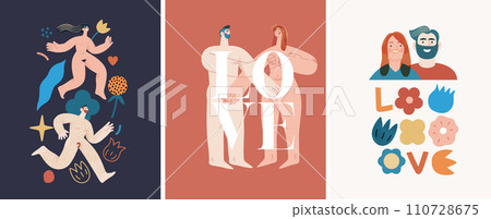Valentines day cards set - modern flat vector concept illustrations of couples celebrating their love, greeting card design, floral environment. Metaphor of unity, affection, love, connection, growth Valentines day cards set - modern flat vector concept illustrations of couples celebrating their love, greeting card design, floral environment. Metaphor of unity, affection, love, connection, growth 110728675