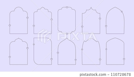 Valentines Day Y2K romantic frames. Outline minimalistic arches set with line hearts. Valentines Day Y2K romantic frames. Outline minimalistic arches set with line hearts. 110728678