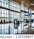 AI-generated content. View inside a modern airport building, check-in counter, departure waiting area, bright room with panoramic windows overlooking the runway. (AI) 110728807