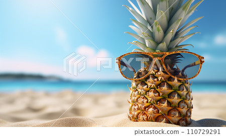 AI-generated content. Cute Pineapple With Sunglasses In The Beach AI-generated content. Cute Pineapple With Sunglasses In The Beach 110729291