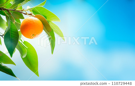 AI-generated content. One lemon on branch close-up, blue sky background with copy space, AI generated 110729448
