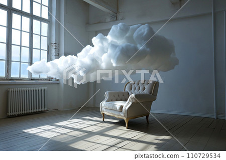An armchair with clouds. Fluffy cloud around soft armchair in empty room. Peaceful place for thinking. Dreaming, mental health, tranquil place, relaxation. Loneliness, emptiness and sadness An armchair with clouds. Fluffy cloud around soft armchair in empty room. Peaceful place for thinking. Dreaming, mental health, tranquil place, relaxation. Loneliness, emptiness and sadness 110729534