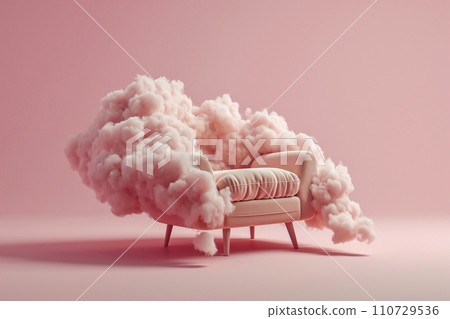 An armchair with clouds. Fluffy cloud around soft armchair. Peaceful place for meditation and thinking. Dreaming, mental health, tranquil place, tranquil place, relaxation. Coziness and pacification An armchair with clouds. Fluffy cloud around soft armchair. Peaceful place for meditation and thinking. Dreaming, mental health, tranquil place, tranquil place, relaxation. Coziness and pacification 110729536