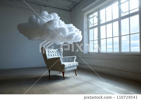 An armchair with clouds. Fluffy cloud around soft armchair in empty room. Peaceful place for thinking. Dreaming, mental health, tranquil place, relaxation. Loneliness, emptiness and sadness An armchair with clouds. Fluffy cloud around soft armchair in empty room. Peaceful place for thinking. Dreaming, mental health, tranquil place, relaxation. Loneliness, emptiness and sadness 110729541