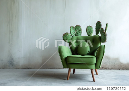 Armchair made of cactuses. Uncomfortable situation, hemorrhoids concept. You are not welcome. Cactus leather, sustainable vegan alternative to animal leather. Green eco living, cruelty-free 110729552