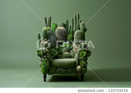 Armchair made of cactuses. Uncomfortable situation, hemorrhoids concept. You are not welcome. Cactus leather, sustainable vegan alternative to animal leather. Green eco living, cruelty-free 110729556