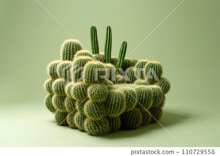 Armchair made of cactuses. Uncomfortable situation, hemorrhoids concept. You are not welcome. Cactus leather, sustainable vegan alternative to animal leather. Green eco living, cruelty-free 110729558