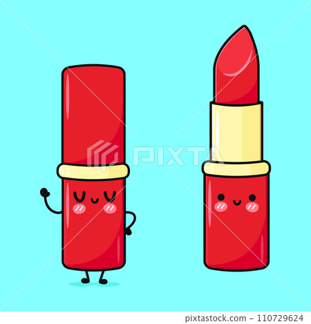 Cute funny Red lipstick. Vector hand drawn cartoon kawaii character illustration icon. Isolated on blue background. Red lipstick character concept 110729624