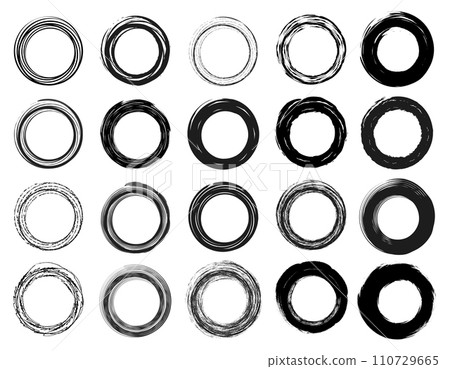 Grunge distressed circle set collection. Circles Frame border brush stroke style. Black lines in circle form, grungy texture elements isolated on white background 110729665