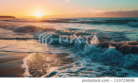 The foamy waves of the sea at sunset impress with their beauty The foamy waves of the sea at sunset impress with their beauty 110729696