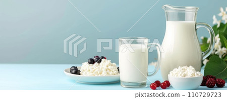 Morning breakfast with jug of milk, cottage cheese and berries on blue background 110729723