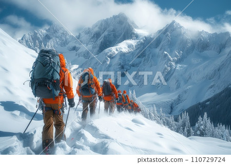 Winter hike for mountaineers: climbing the mountains with backpacks Winter hike for mountaineers: climbing the mountains with backpacks 110729724