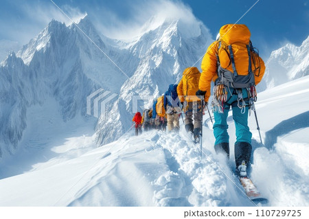 Winter hike for mountaineers: climbing the mountains with backpacks 110729725