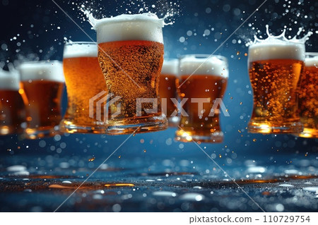 Magic glasses of beer floating on bright blue background 110729754