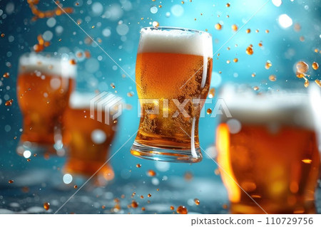 Magical glasses of beer float in the middle of a bright turquoise background, creating an atmosphere of fun Magical glasses of beer float in the middle of a bright turquoise background, creating an atmosphere of fun 110729756