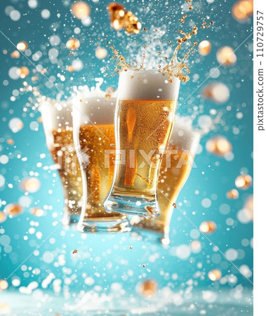 Magical glasses of beer float in the middle of a bright turquoise background, creating an atmosphere of fun 110729757