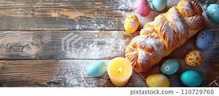 Colorful eggs and Easter cake with candle. Top view. Banner 110729768
