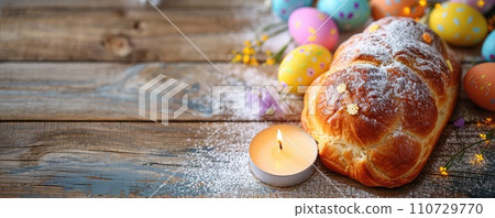 Top view of colorful Easter cake with colorful eggs 110729770