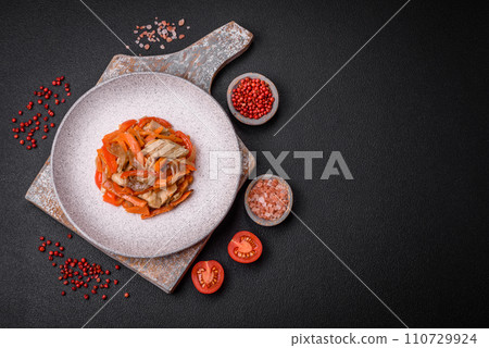 Delicious fresh stew with chicken or turkey with slices of sweet pepper and carrots Delicious fresh stew with chicken or turkey with slices of sweet pepper and carrots 110729924