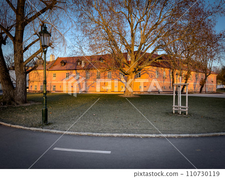 Winter frosty morning in old Prague 110730119