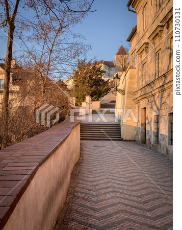 Winter frosty morning in old Prague 110730131