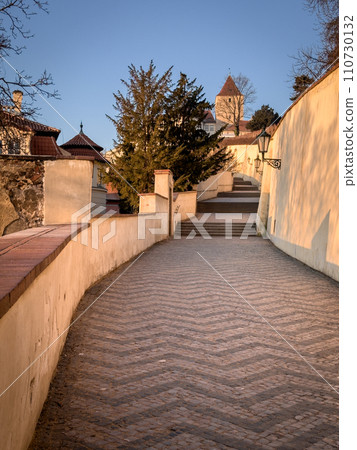 Winter frosty morning in old Prague 110730132