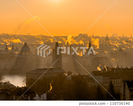 Winter frosty morning in old Prague 110730140