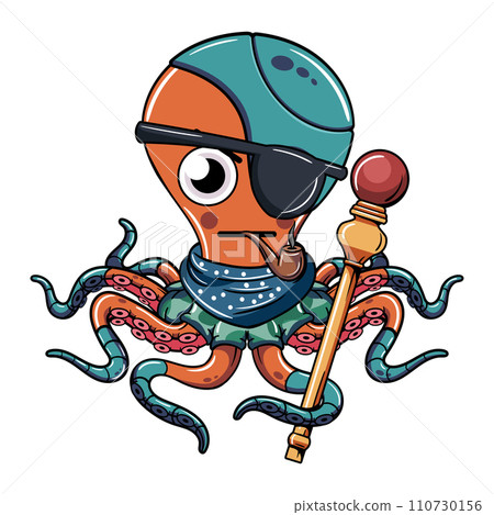 Cartoon comic character cyborg octopus with pirate patch smoking a pipe with a scepter. Illustration for fantasy, science fiction and adventure comics Cartoon comic character cyborg octopus with pirate patch smoking a pipe with a scepter. Illustration for fantasy, science fiction and adventure comics 110730156