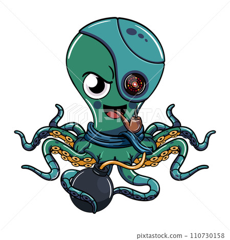 Cartoon evil octopus cyborg character smoking a pipe with a bomb in his tentacle. Illustration for fantasy, science fiction and adventure comics 110730158