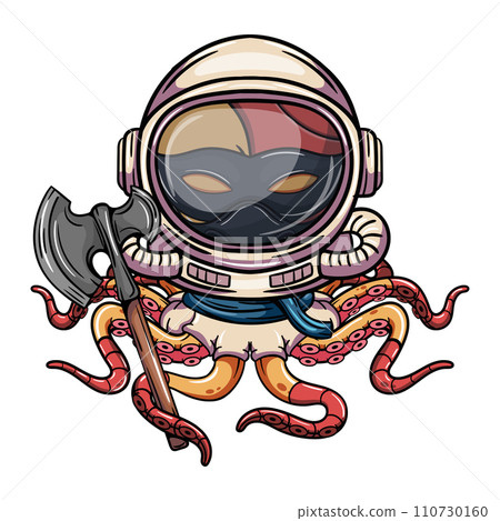 Cartoon character of octopus cyborg astronaut with cosmonaut helmet with war axe in his tentacle. Illustration for fantasy, science fiction and adventure comics 110730160