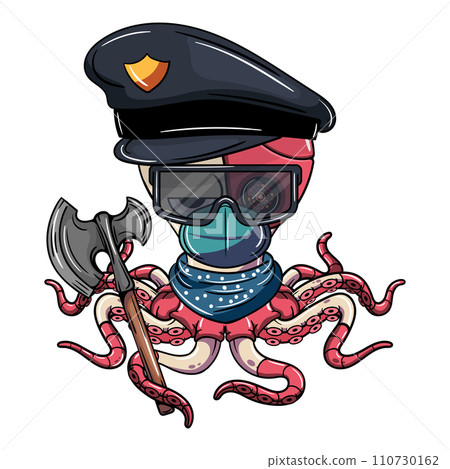 Cartoon police cyborg octopus character with safety glasses, protection mask and a war axe. Illustration for fantasy, science fiction and adventure comics Cartoon police cyborg octopus character with safety glasses, protection mask and a war axe. Illustration for fantasy, science fiction and adventure comics 110730162