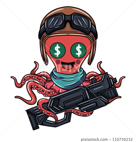 Cartoon mercenary pilot octopus character with aviator helmet. Illustration for fantasy, science fiction and adventure comics Cartoon mercenary pilot octopus character with aviator helmet. Illustration for fantasy, science fiction and adventure comics 110730232