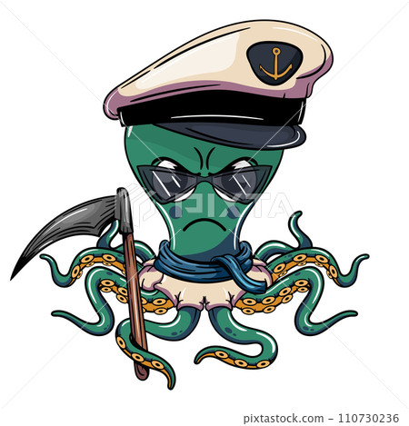 Cartoon character evil marine captain octopus with an ax in his tentacle. Illustration for fantasy, science fiction and adventure comics Cartoon character evil marine captain octopus with an ax in his tentacle. Illustration for fantasy, science fiction and adventure comics 110730236