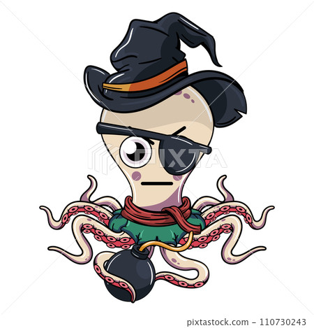 Cartoon witch octopus character with an annoying pirate patch with a bomb in its tentacle. Illustration for fantasy, science fiction and adventure comics Cartoon witch octopus character with an annoying pirate patch with a bomb in its tentacle. Illustration for fantasy, science fiction and adventure comics 110730243