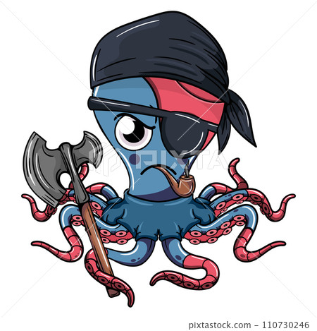 Cartoon comics gangster octopus character with pirate patch smoking a pipe with an axe in his tentacle. Illustration for fantasy, science fiction and adventure comics Cartoon comics gangster octopus character with pirate patch smoking a pipe with an axe in his tentacle. Illustration for fantasy, science fiction and adventure comics 110730246