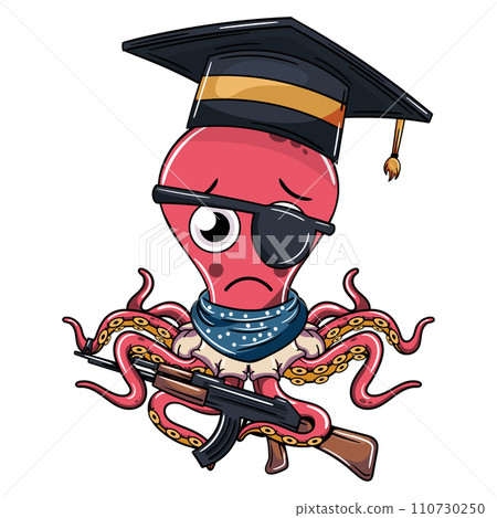 Cartoon sad octopus character with graduation cap and a shotgun in his tentacle. Illustration for fantasy, science fiction and adventure comics Cartoon sad octopus character with graduation cap and a shotgun in his tentacle. Illustration for fantasy, science fiction and adventure comics 110730250