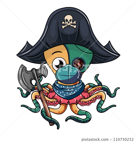 Cartoon cyborg octopus character with pirate hat, face mask and an axe in his tentacle. Illustration for fantasy, science fiction and adventure comics Cartoon cyborg octopus character with pirate hat, face mask and an axe in his tentacle. Illustration for fantasy, science fiction and adventure comics 110730252