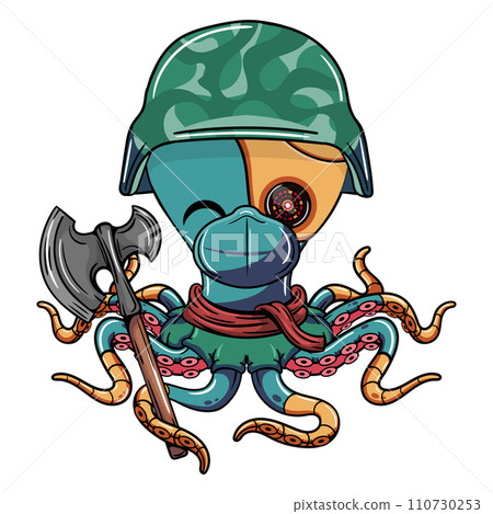 Cartoon military cyborg octopus character with face mask and an axe in his tentacle. Illustration for fantasy, science fiction and adventure comics Cartoon military cyborg octopus character with face mask and an axe in his tentacle. Illustration for fantasy, science fiction and adventure comics 110730253
