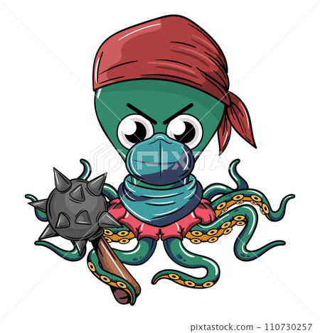 Octopus cartoon comic gangster with a red bandana, wearing a face mask and a war mace on his tentacle with annoyed expression. Illustration for fantasy, science fiction and adventure comics 110730257