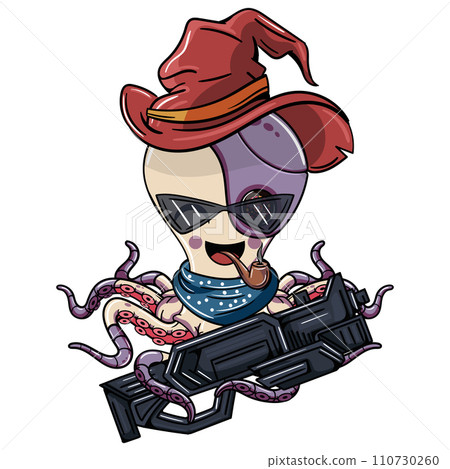 Octopus cartoon comic cyborg with a red witch hat, smoking a pipe with glasses and a futuristic weapon in his robotic tentacle. Illustration for fantasy, science fiction and adventure comics Octopus cartoon comic cyborg with a red witch hat, smoking a pipe with glasses and a futuristic weapon in his robotic tentacle. Illustration for fantasy, science fiction and adventure comics 110730260