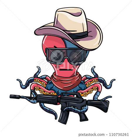 Octopus cartoon comic cyborg with an old west cowboy hat, with glasses and a machine gun in his robotic tentacle. Illustration for fantasy, science fiction and adventure comics Octopus cartoon comic cyborg with an old west cowboy hat, with glasses and a machine gun in his robotic tentacle. Illustration for fantasy, science fiction and adventure comics 110730261