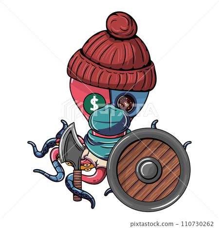 Octopus cartoon comic cyborg with a red wool beanie with face mask, an ax and a shield on his robotic tentacle. Illustration for fantasy, science fiction and adventure comics Octopus cartoon comic cyborg with a red wool beanie with face mask, an ax and a shield on his robotic tentacle. Illustration for fantasy, science fiction and adventure comics 110730262